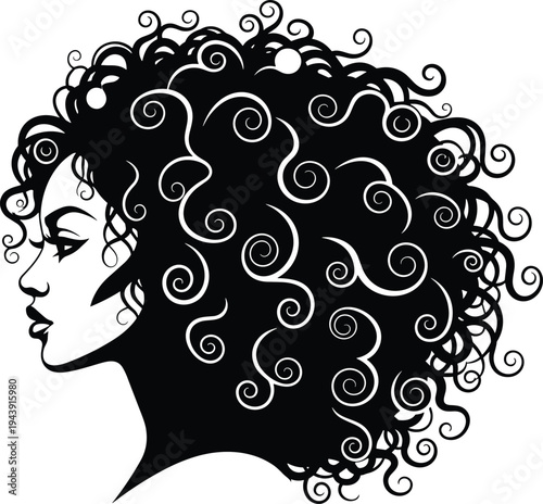 Elegant silhouette portrait of a woman with voluminous curly hair in intricate detail