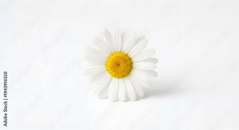 Obraz premium A single white daisy flower with yellow center on white background