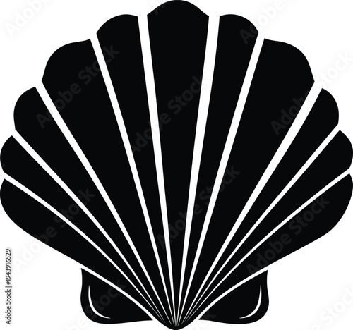 Elegant black scallop seashell icon - vector marine life symbol for coastal, nautical, and beach-themed designs, scallop shell, ocean element, sea creature, coastal design