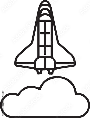 Vector space shuttle icon launching into cloud, black line illustration