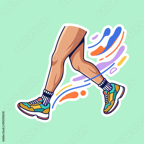 Cartoon illustration of human legs running in colorful athletic shoes with dynamic abstract splashes.