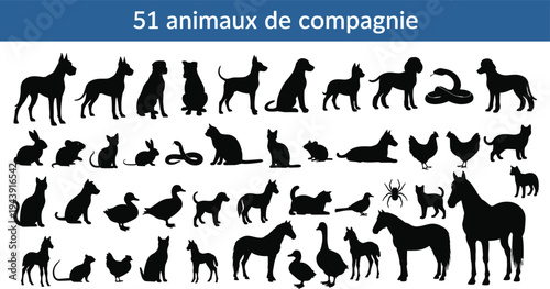 Diverse silhouettes of fifty-one different companion animals