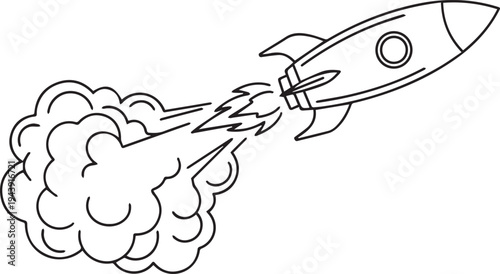 Vector illustration of a rocket ship taking off with smoke and flames
