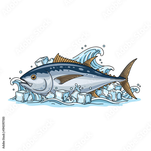 Illustration of a tuna fish jumping out of ice cubes with waves in a dynamic composition conveying freshness.