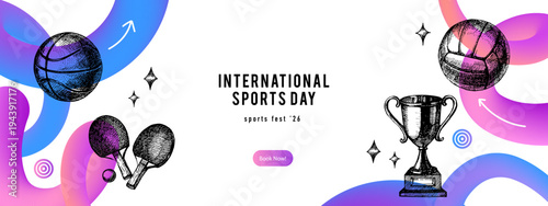 Background with sport trophy, medal and game balls, hand drawn design in vintage sketch style. International Sports Day poster. Vector isolated illustration