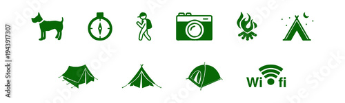 A collection of camping icons, campfires, campervans, grills, tents and other with transparent background