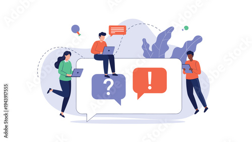 Diverse group of young people interacting with a large speech bubble containing question and exclamation marks for communication.