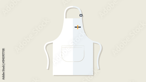 Minimalist white chef or baker apron with a single pocket and black neck strap isolated on a neutral beige background.