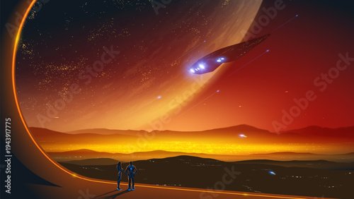 Scifi landscape of a couple observing a flying spaceship and glowing alien city colony.