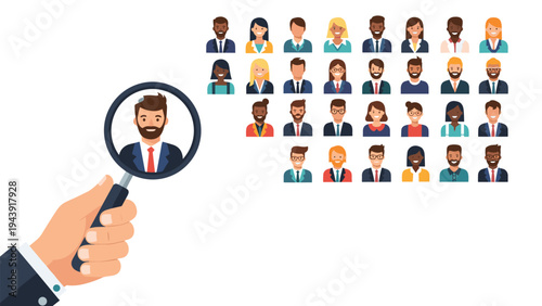 Recruitment and talent search concept showing a magnifying glass focusing on one male candidate among many diverse avatars.