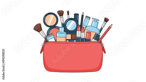 Pink cosmetic bag overflowing with various makeup products including brushes, lipsticks, mirror, and bottles for beauty care.