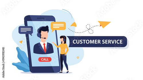 Professional customer service concept with a male agent on a smartphone screen and a female representative standing beside it.