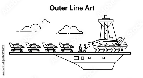 Aircraft Carrier Deck with Fighter Jets and Crew, Outer Line Art Style