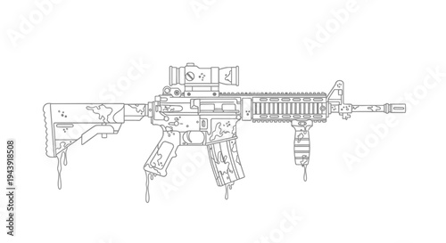 Assault Rifle Outline with Scope and Accessories, Military Weapon Line Art