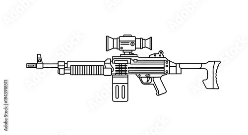 Assault Rifle with Scope - Line Art Illustration