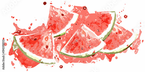 Sliced watermelon pieces with scattered seeds in a watercolor style
