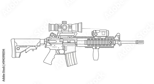Assault Rifle with Scope and Accessories - Line Drawing