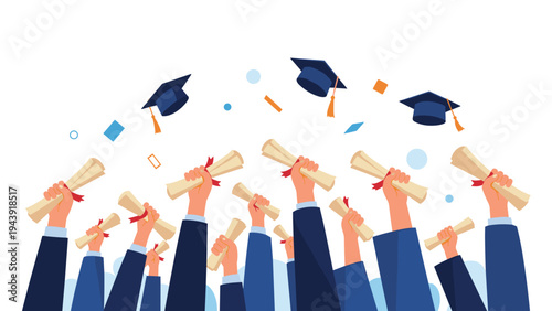 Large group of graduates raising their hands with diplomas while graduation caps fly in the air for academic achievement.