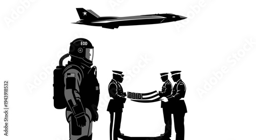 Astronaut and Military Honor Guard with Flag and Jet