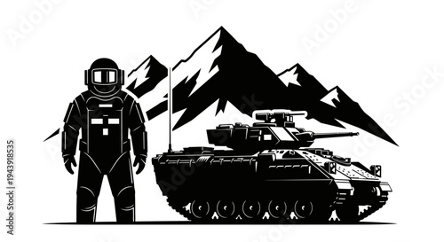 Astronaut and Military Tank in Mountain Landscape
