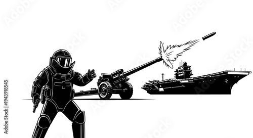 Astronaut fires cannon at aircraft carrier, space warfare concept