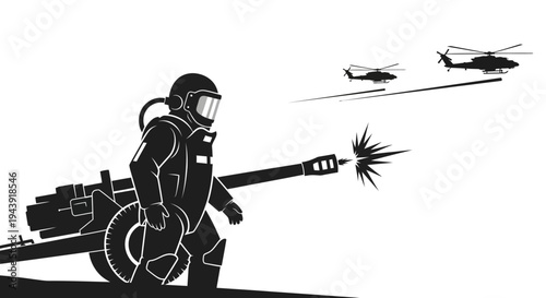 Astronaut firing a cannon at helicopters, futuristic warfare concept art