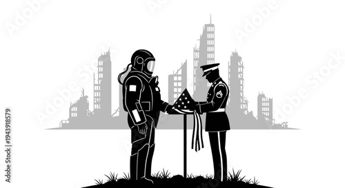Astronaut and soldier honor flag in ruined city, symbolizing hope and resilience
