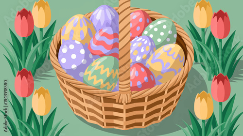 Colorful easter eggs in a wicker basket surrounded by tulips on green background