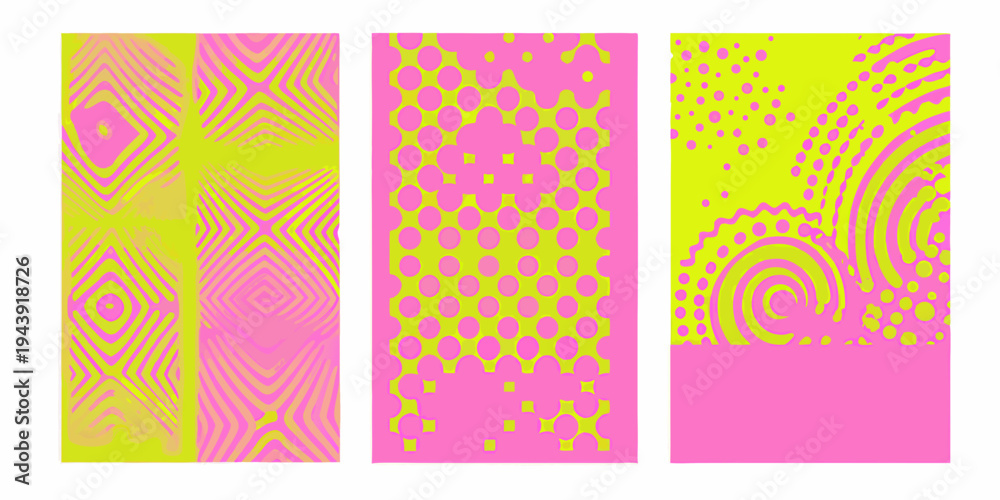 Fototapeta premium Three vibrant panels display abstract pink and yellow geometric patterns