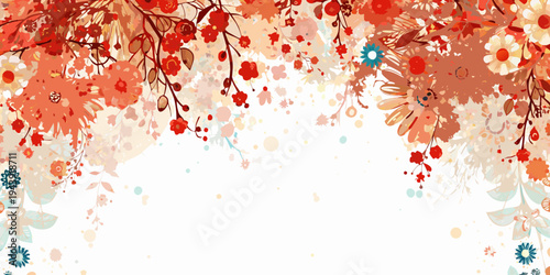 Floral arrangement with red and peach blossoms against a white background