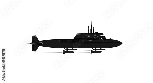 Black Submarine Launching Torpedoes, Military Naval Warfare, Underwater Attack Vector