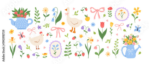 Cute spring illustrations and cottage aesthetics elements.Hand drawn garden and field flowers, bow, goose, teapot, chicken, strawberry, watering can. Spring summer floral stickers.Vector illustration.