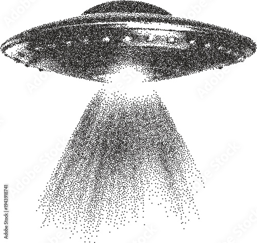 Alien vintage y2k stipple art, ufo halftone stipple brutalist retro vector png with transparent background, cosmic 2000s aesthetic photocopy effect tattoo