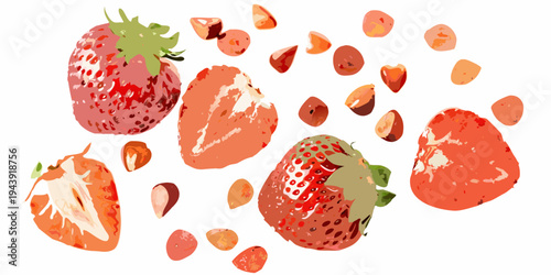 Stylized illustration of sliced and whole strawberries with scattered seeds