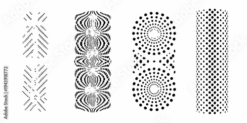 Four optical illusions featuring repeating circular patterns in black and white