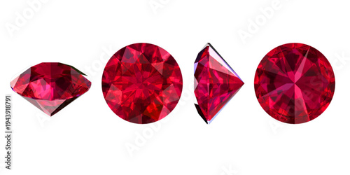 Round Ruby — Multi‑View 3D Render, Isolated round‑cut ruby shown in top, side, pavilion, and star views—ideal for jewelry design, branding, and mockups.