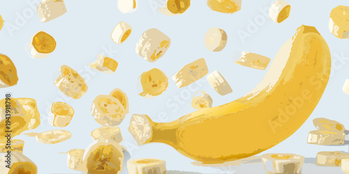 A curved banana and scattered broken pieces of banana in the air