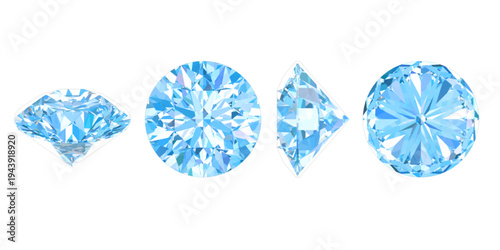 Round Aquamarine — Multi‑View 3D Render, Isolated round‑cut aquamarine shown in top, side, pavilion, and star views—perfect for jewelry design, branding, and mockups.