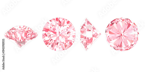 Brilliant Cut Pink Diamond Multi-Angle Set, A brilliant pink diamond from four angles on a white background. Ideal for luxury, romance, and jewelry design projects.
