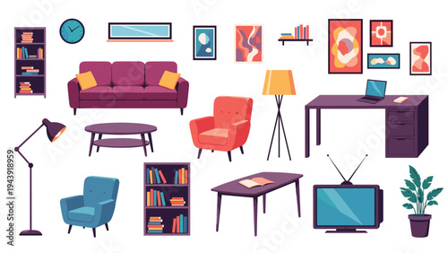Interior design elements collection with flat style furniture icons including sofa chairs tables lamps bookshelf and television set.