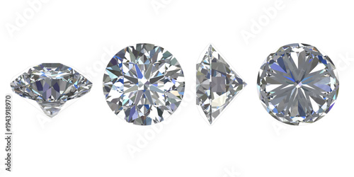 Round Brilliant Diamond — Multi-View 3D Render, Clean, isolated views of a round brilliant diamond—top, side, pavilion, and hearts-and-arrows—ideal for jewelry design and mockups.