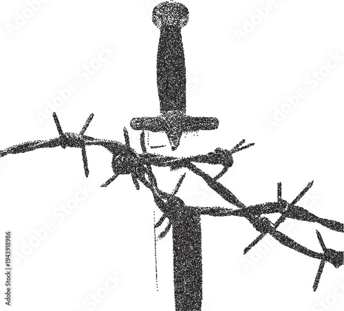 Dagger vintage y2k stipple art, blade halftone stipple brutalist retro vector png with transparent background, steel 2000s aesthetic photocopy effect tattoo