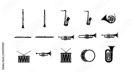 Minimalist flat vector illustration set of musical instrument icons arranged in a clean grid layout.