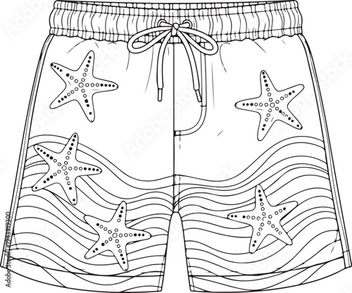 Black and white line of swim shorts with starfish and wave pattern swimwear beachwear summer clothing