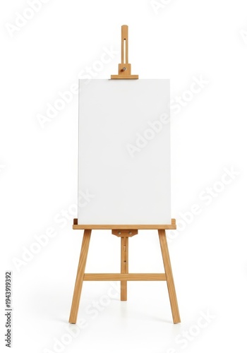 A wooden easel with a blank white canvas