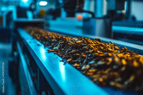Wallpaper Mural Close up view of tobacco products moving along a conveyor belt in an industrial setting with blue tones Torontodigital.ca