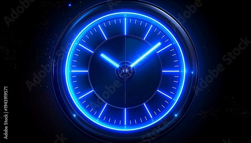 A blue glowing clock face with illuminated hands and markings on a dark background
