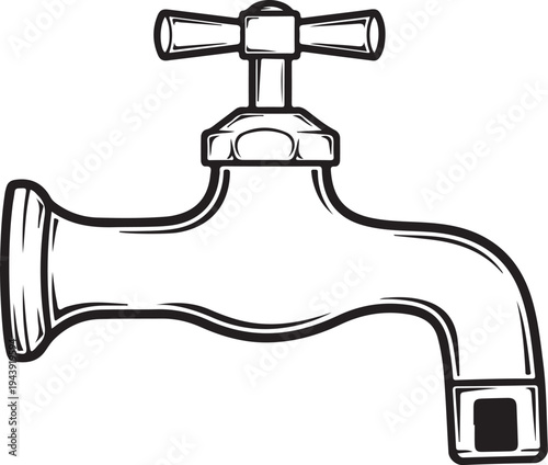 Black and white of a vintage water tap with a cross-shaped handle faucet retro plumbing
