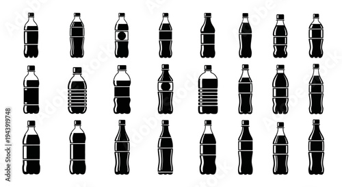 A collection of various plastic beverage bottles in different shapes and sizes, presented as black and white icons.