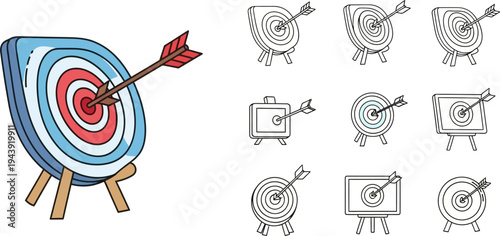 A collection of target illustrations and icons with arrows hitting the bullseye, representing accuracy and success.